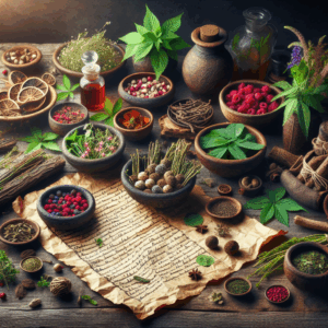 A rustic wooden table laden with diverse ancient medicinal herbs and potions used in traditional fertility practices. Willow barks, red raspberry leaves, nettle leaves, and other botanicals fill ceramic pots and bowls. Nearby is a thick, wrinkled parchment unfurled to reveal handwritten natural remedies: an assortment of fertility secrets from various traditional cultures like Native American, Chinese, African, and others around the world. A magical aura suffuses the scene, highlighting the allure of these preserved wisdoms and the hope they offer to those seeking the fruits of fertility.